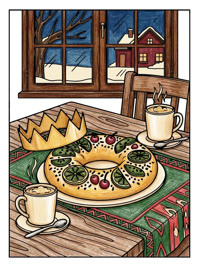 Lámina coloreada de un roscón de Reyes sobre la mesa