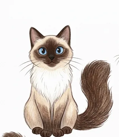 Dibujo de Mochi sentado: un gato crema con la cara, las orejas, las patas y la cola color chocolate y los ojos azules