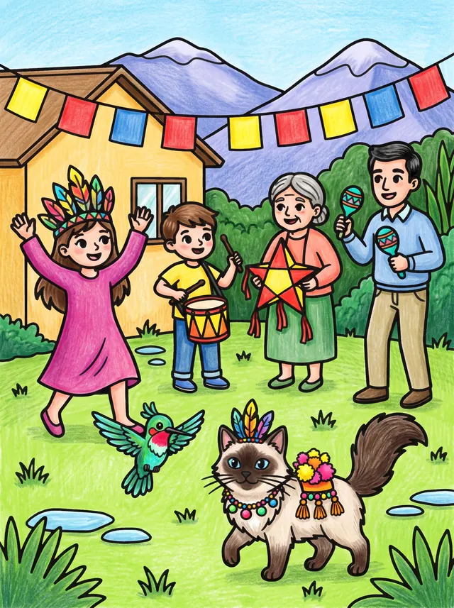 Lámina coloreada: una familia baila en un jardín con tambor, maracas y un farol de estrella; Mochi lleva una corona de plumas