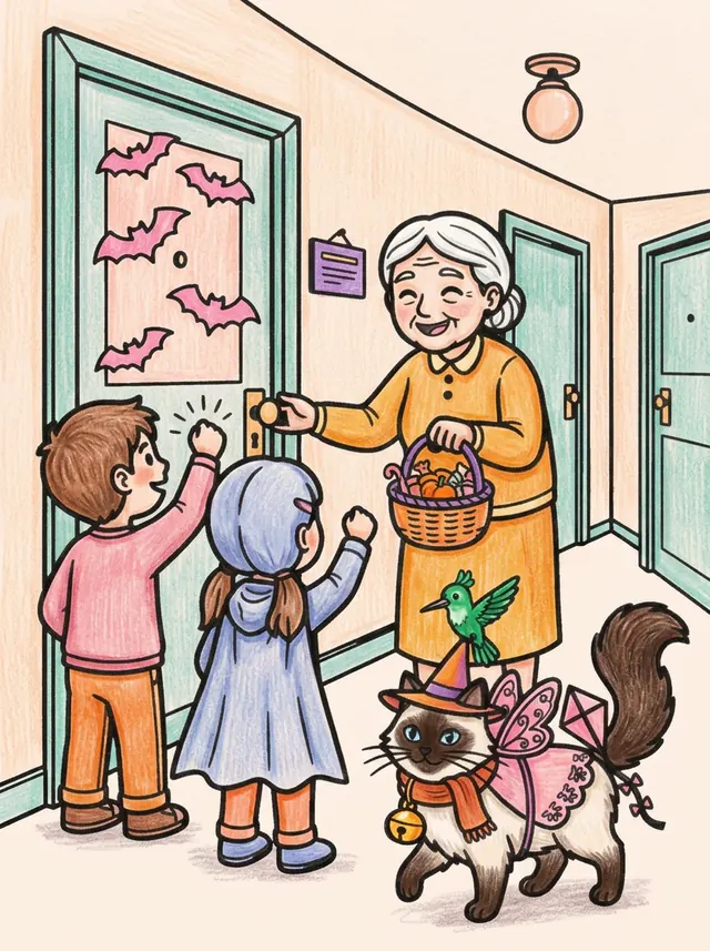 Lámina coloreada: niños disfrazados llaman a una puerta y una abuela les da caramelos; Mochi lleva su disfraz