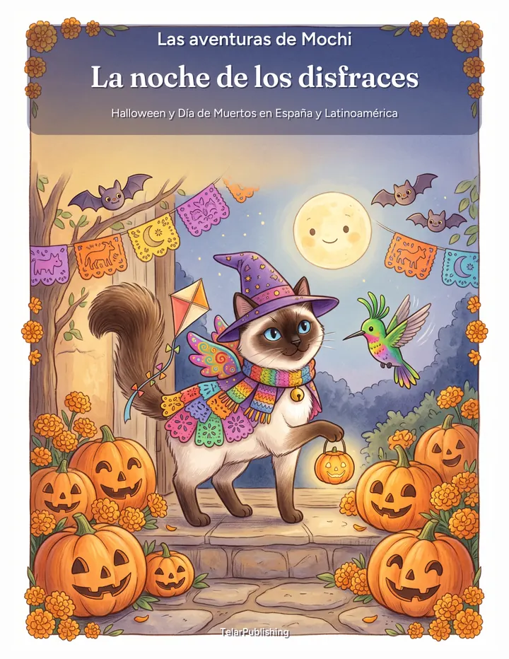 Portada de La noche de los disfraces: Mochi con sombrero de bruja entre calabazas, flores de cempasúchil y el colibrí Chispa